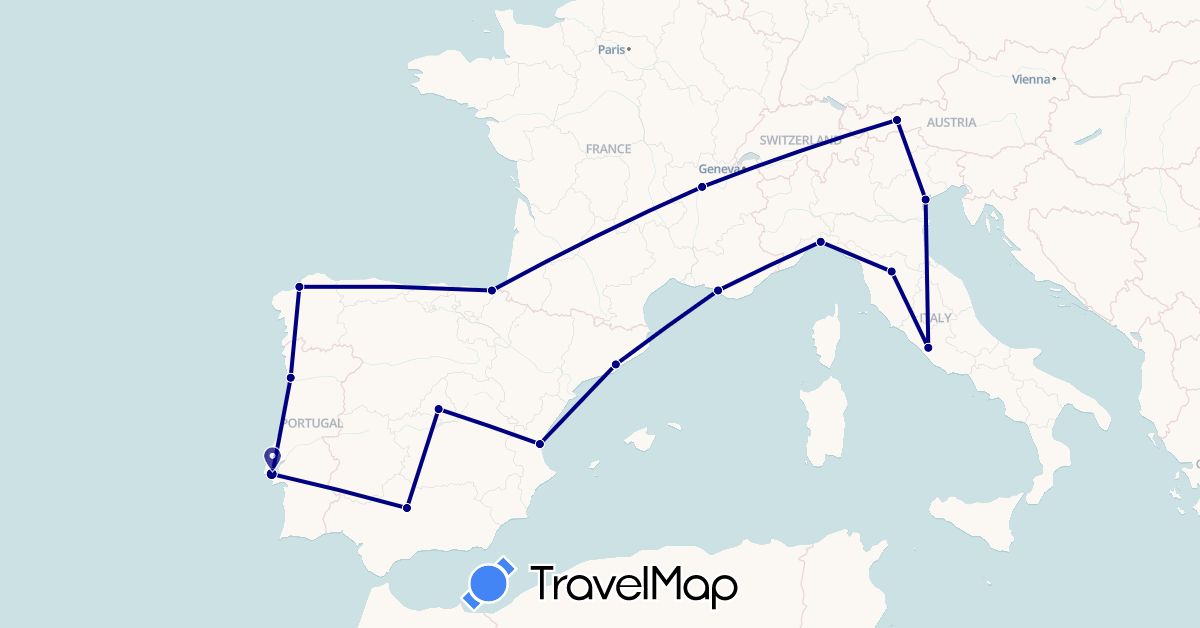 TravelMap itinerary: driving in Austria, Spain, France, Italy, Portugal (Europe)
